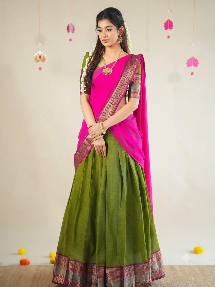 Olive Green Kanjivaram Silk Half Saree – Traditional Zari Weaving Langa Voni Set