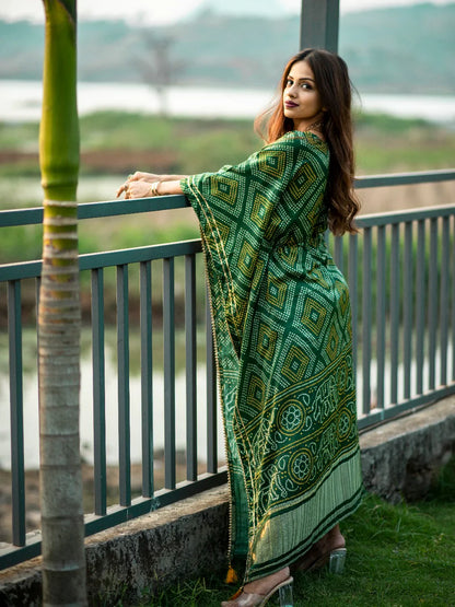 Green Color Digital Bandhej Print Pure Gaji Silk Kaftan