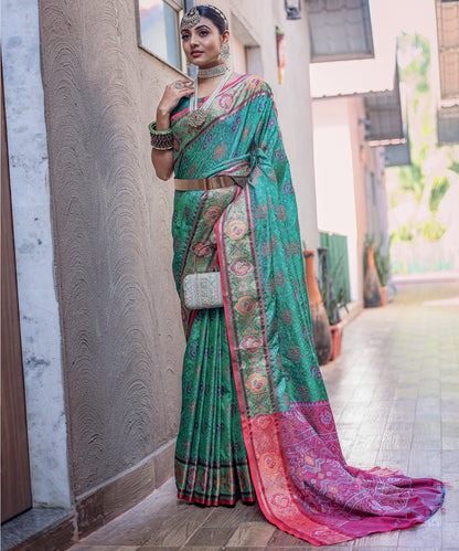 Pink Green Soft Elegant Patola Silk With All Over Meenakari Patola Weaving Saree