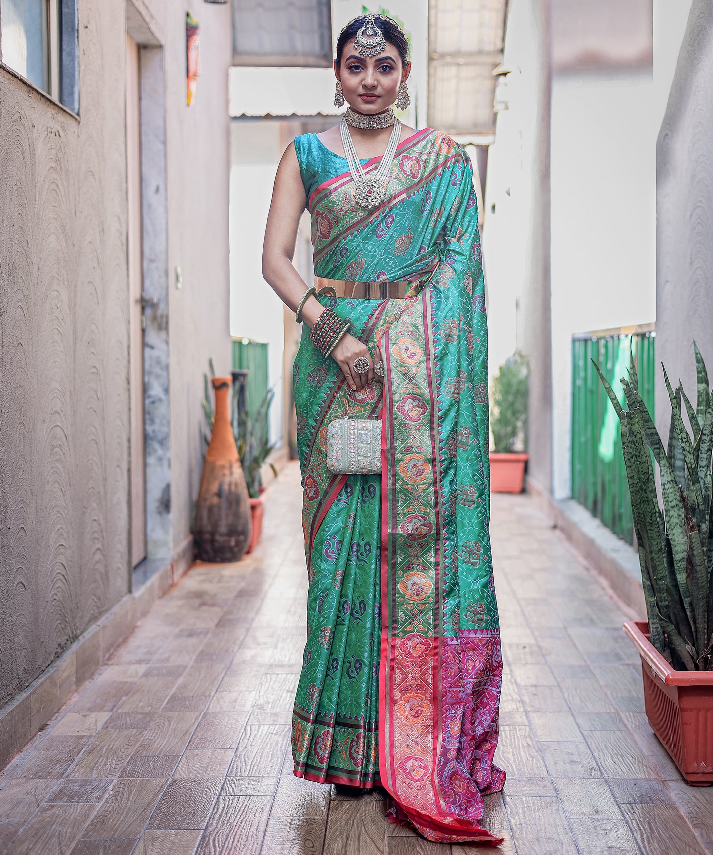 Pink Green Soft Elegant Patola Silk With All Over Meenakari Patola Weaving Saree