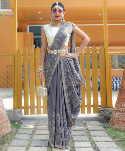 Grey Aaisha Tussar Silk Embroidered Saree