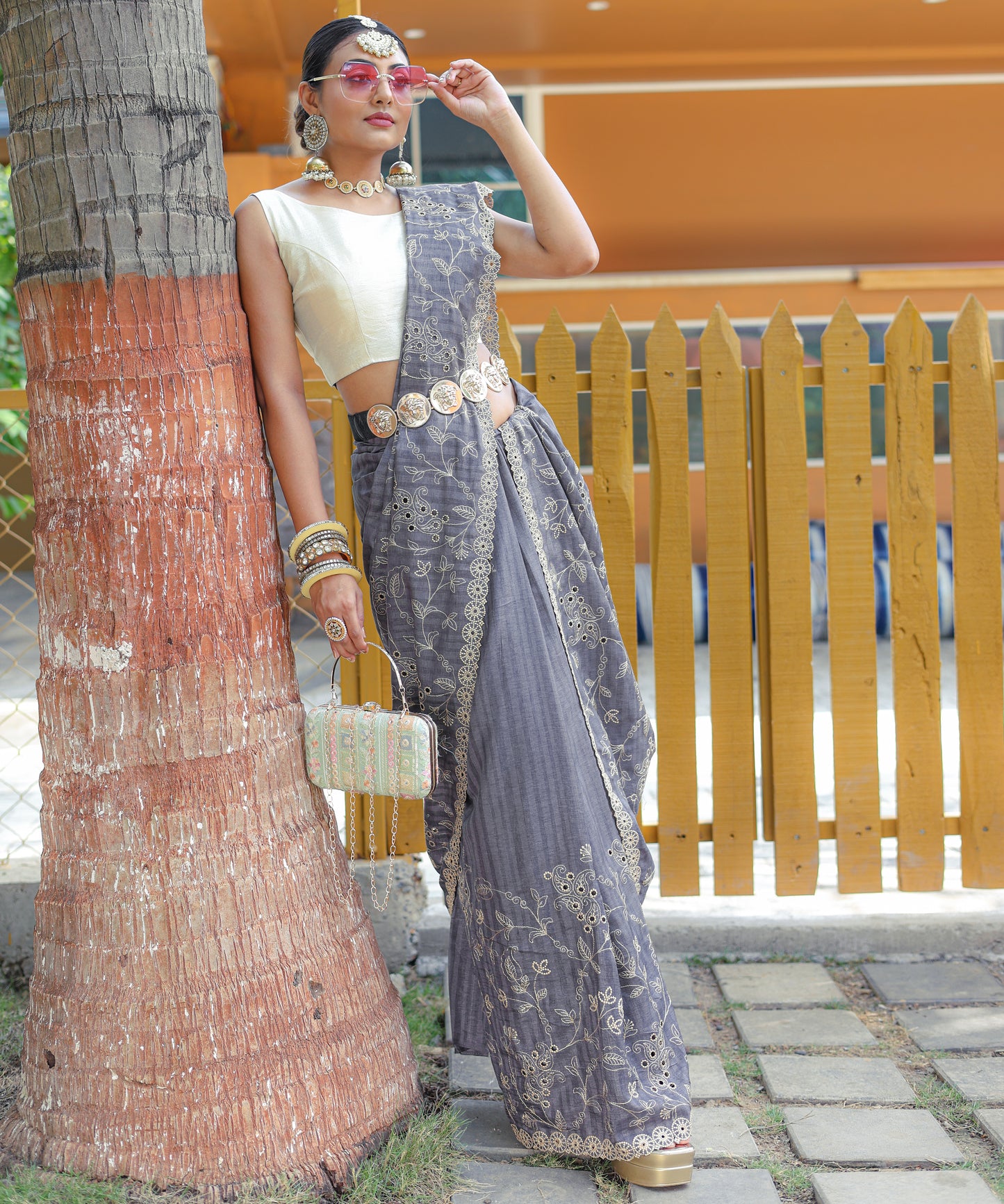 Grey Aaisha Tussar Silk Embroidered Saree