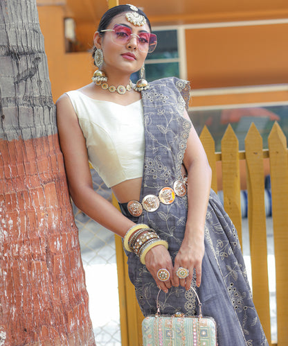 Grey Aaisha Tussar Silk Embroidered Saree