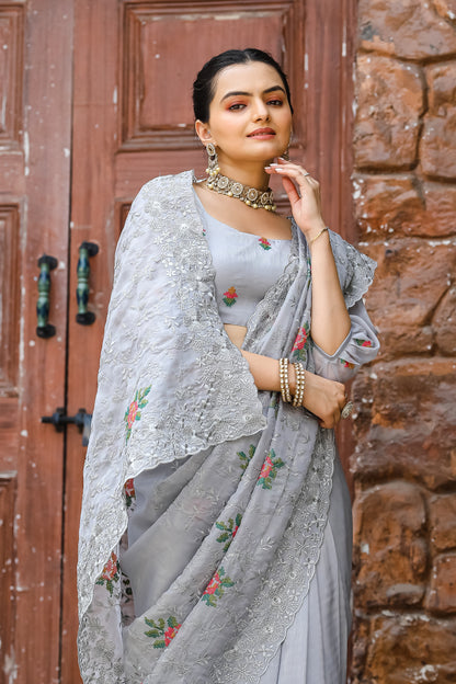 Grey Chiffon Saree With Flower Embroidery And Cut work