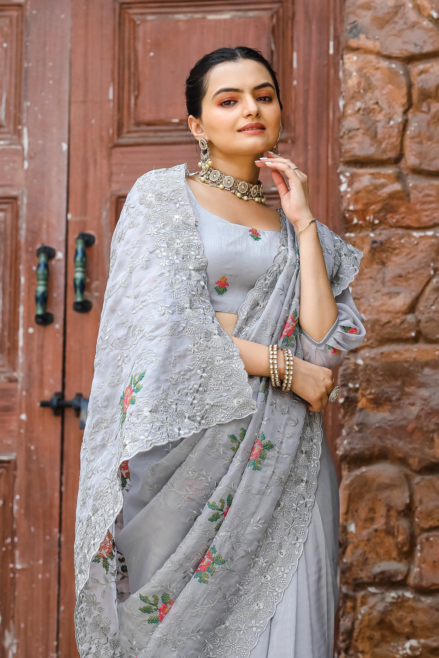 Grey Pure Shiny Zari Chiffon Saree With Beautiful Embroidory Work