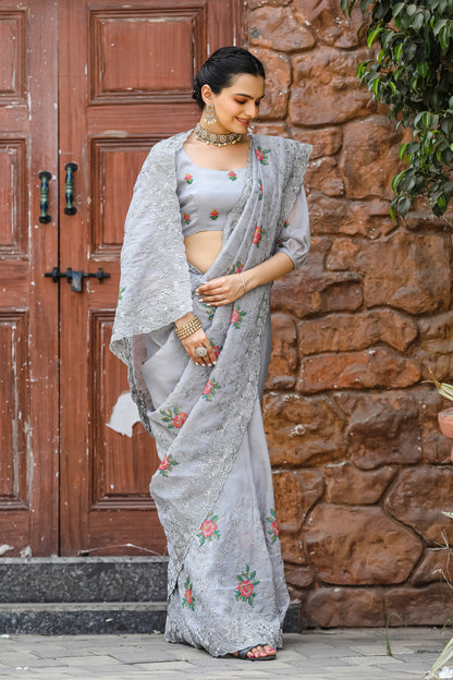 Grey Chiffon Saree With Flower Embroidery And Cut work