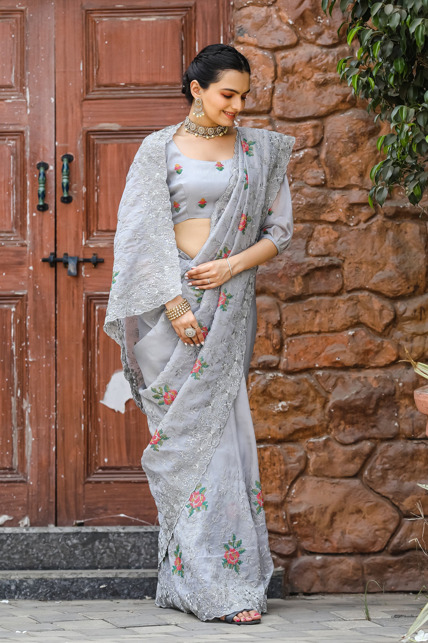 Grey Pure Shiny Zari Chiffon Saree With Beautiful Embroidory Work