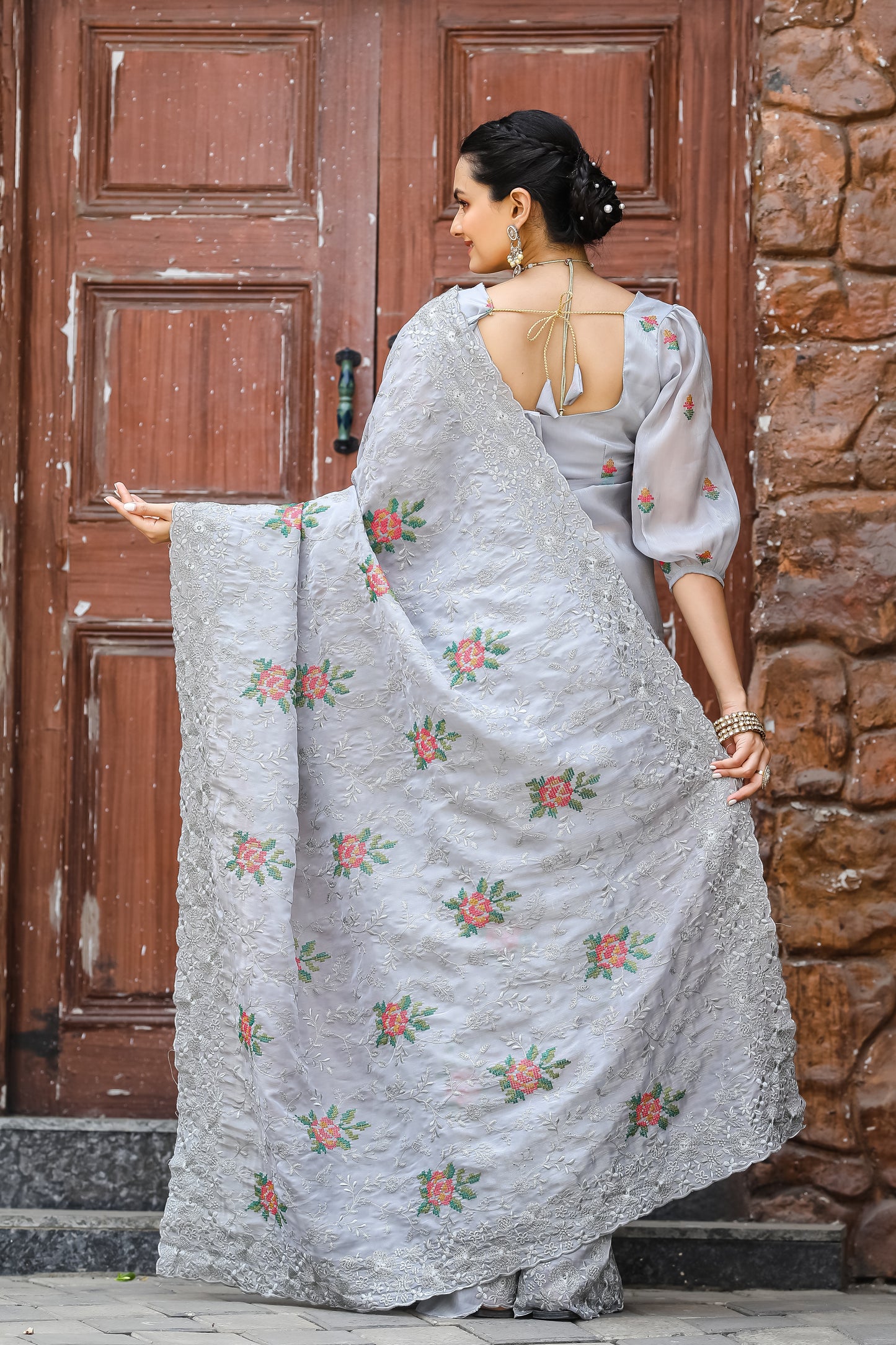 Grey Chiffon Saree With Flower Embroidery And Cut work