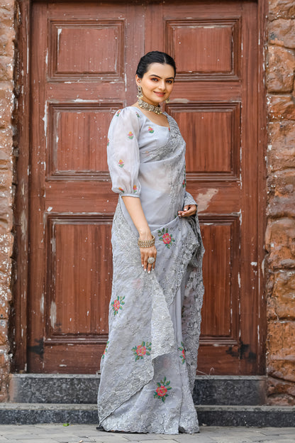 Grey Chiffon Saree With Flower Embroidery And Cut work