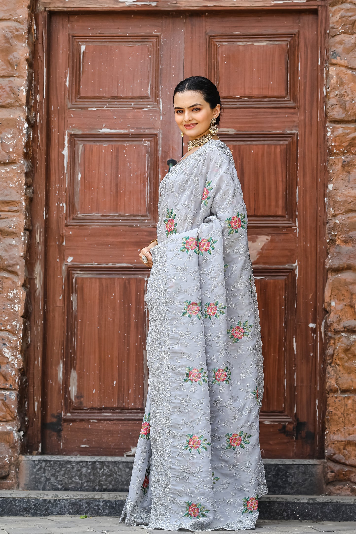 Grey Chiffon Saree With Flower Embroidery And Cut work