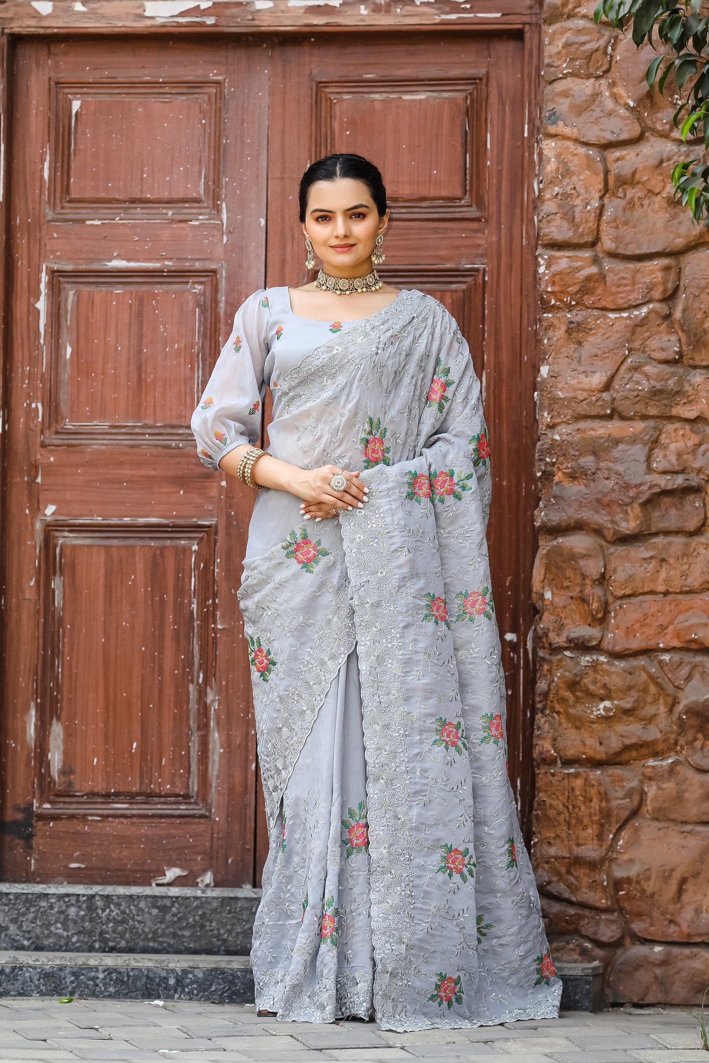 Grey Chiffon Saree With Flower Embroidery And Cut work