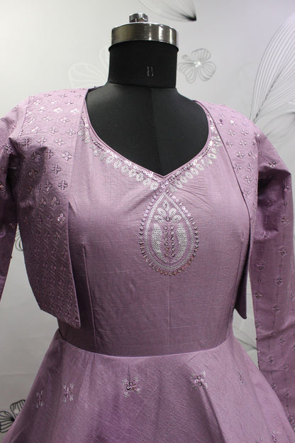 Lavender Sequence Embroidered Pure Cotton Gown With Koti