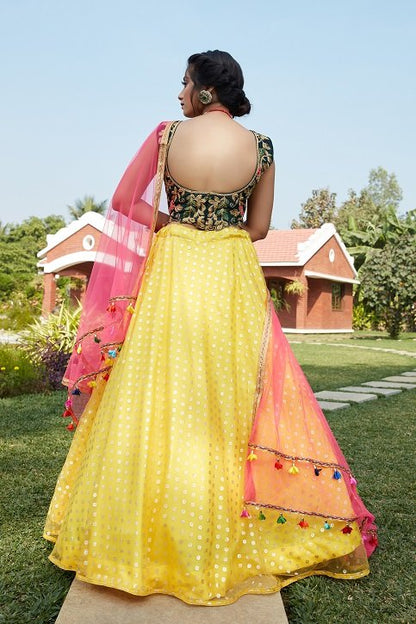 Yellow Green Color Lehenga Choli with Contrast Pink Dupatta