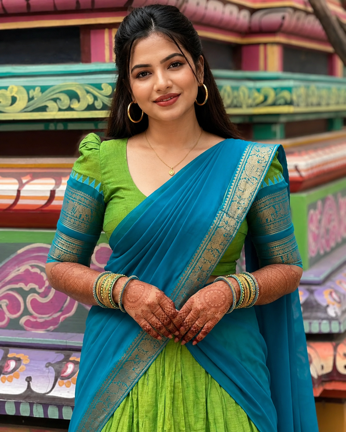 Parrot Green & Rama Blue Kanci Cotton Half Saree – Traditional Zari Weaving Langa Voni Set