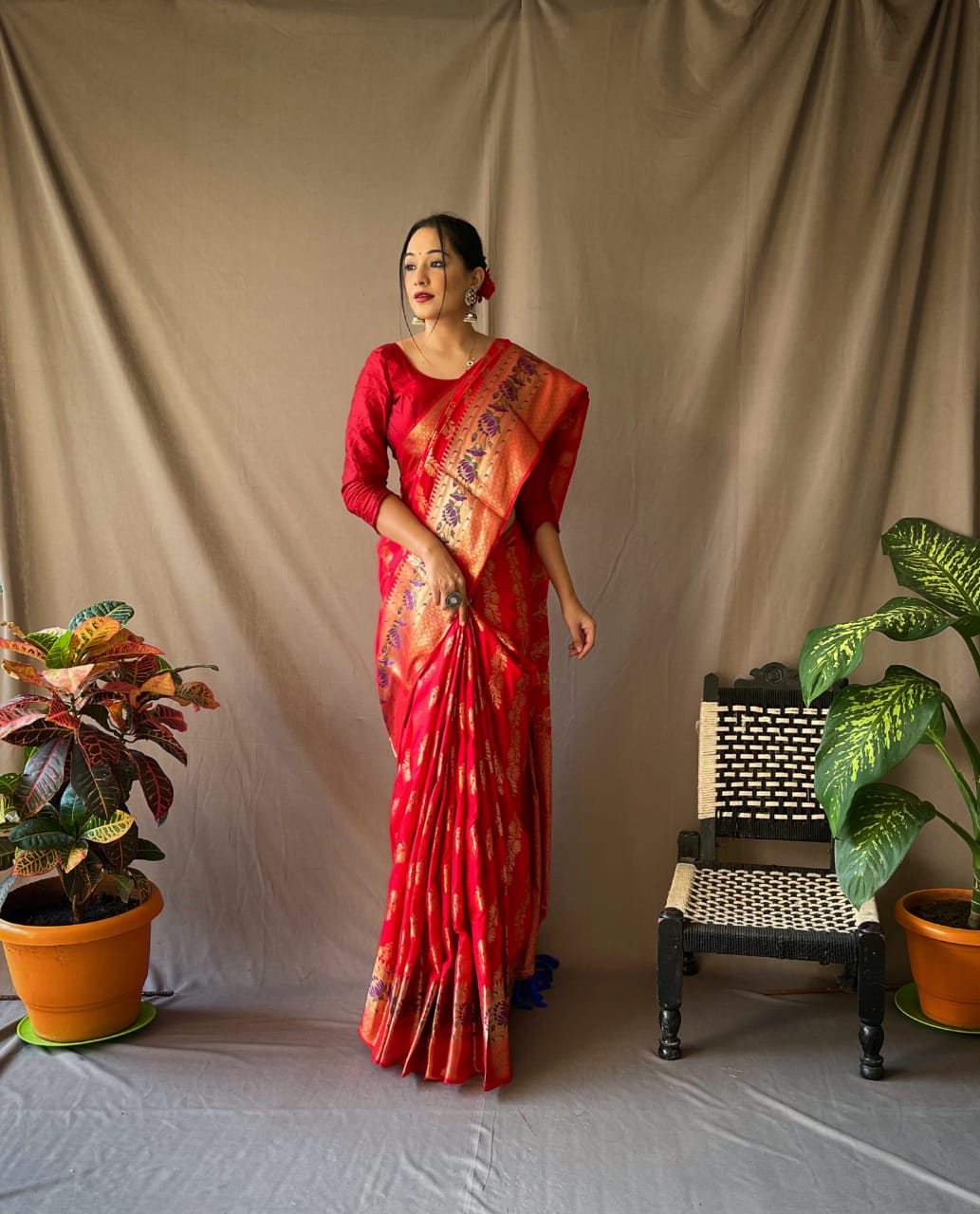 Red Jacquard With Resham Zari Work Silk Sarees