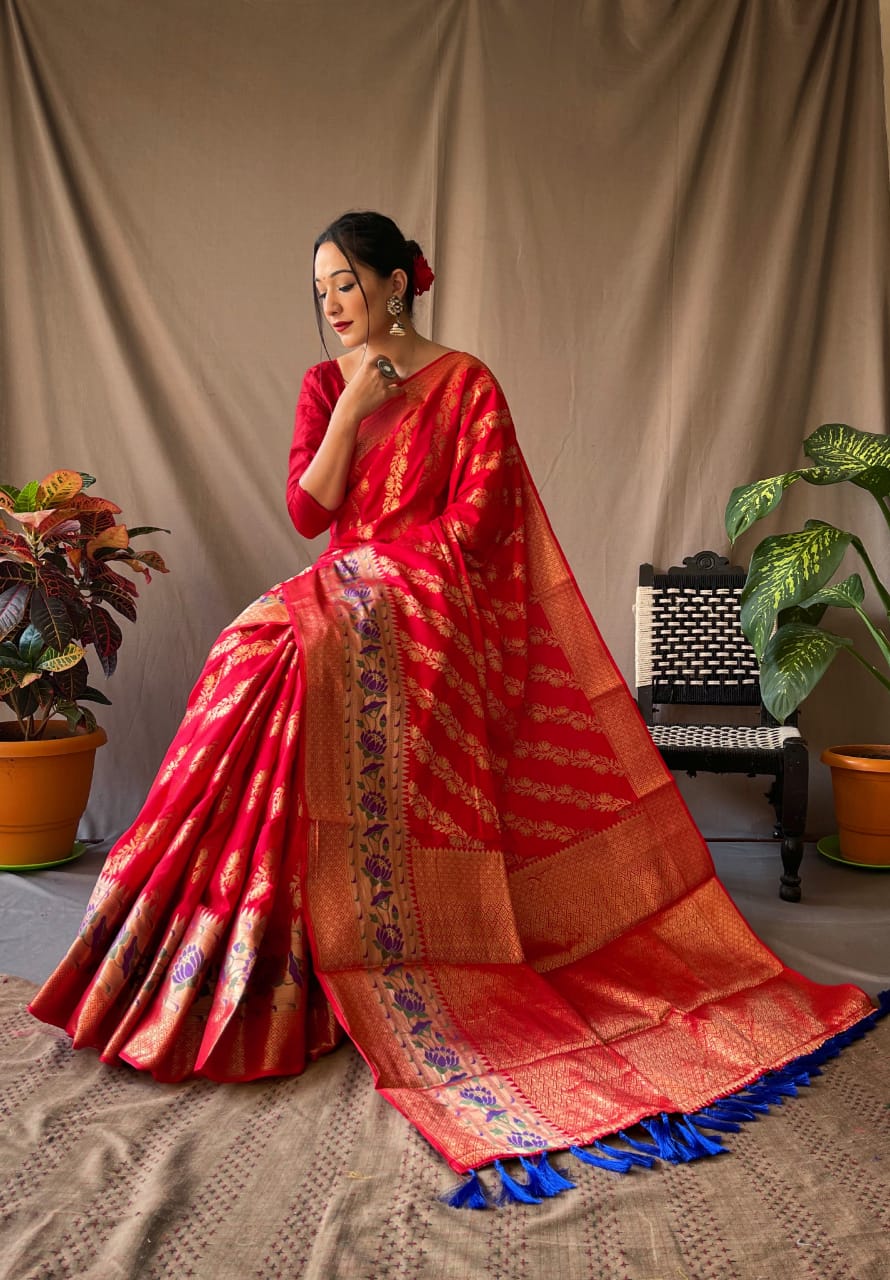 Red Jacquard With Resham Zari Work Silk Sarees