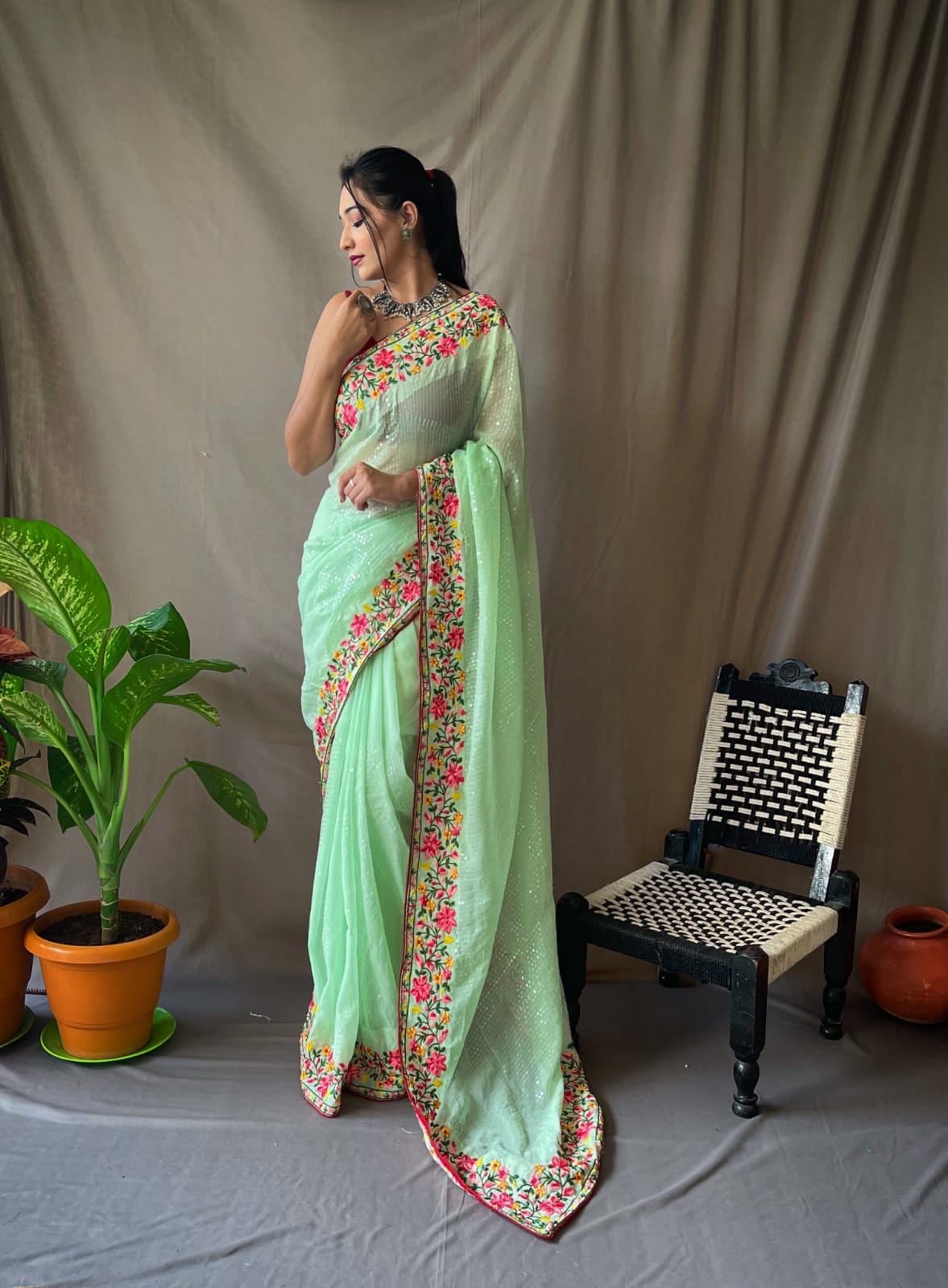 Green Pure Georgette Saree With All Over Sequence Work