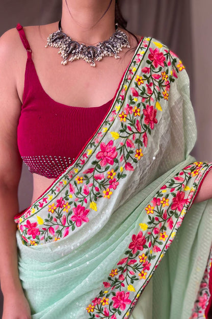 Green Pure Georgette Saree With All Over Sequence Work