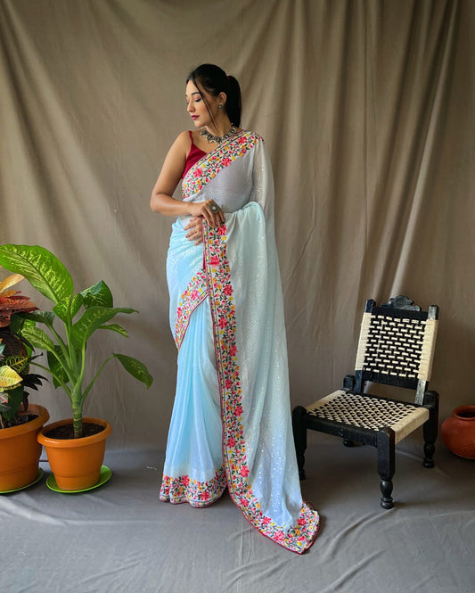 Sky Blue Pure Georgette Saree With All Over Sequence Work