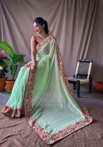 Green Pure Georgette Saree With All Over Sequence Work