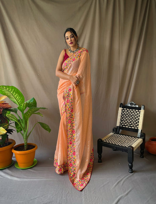 Orange Pure Georgette Saree With All Over Sequence Work