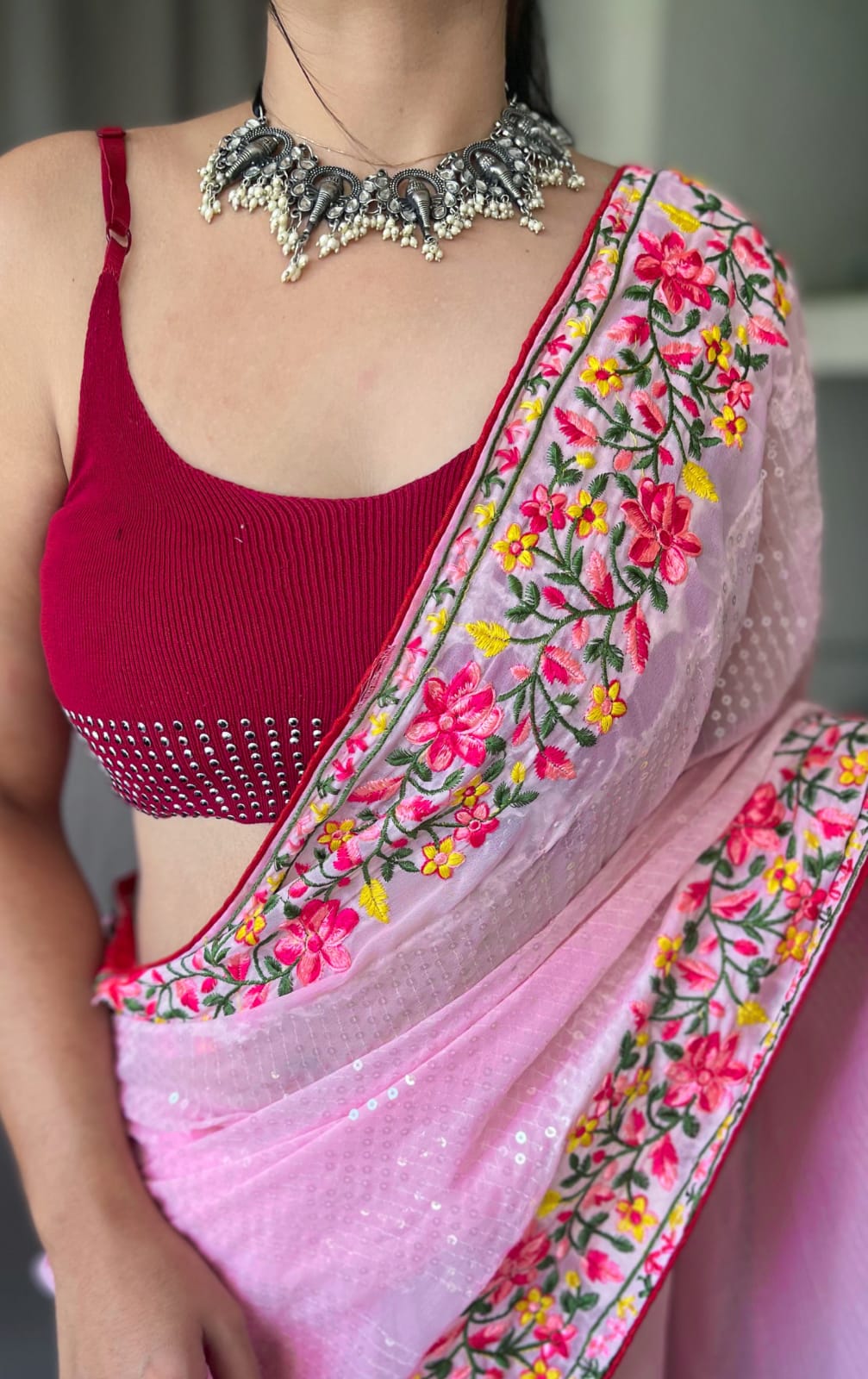 Pink Pure Georgette Saree With All Over Sequence Work