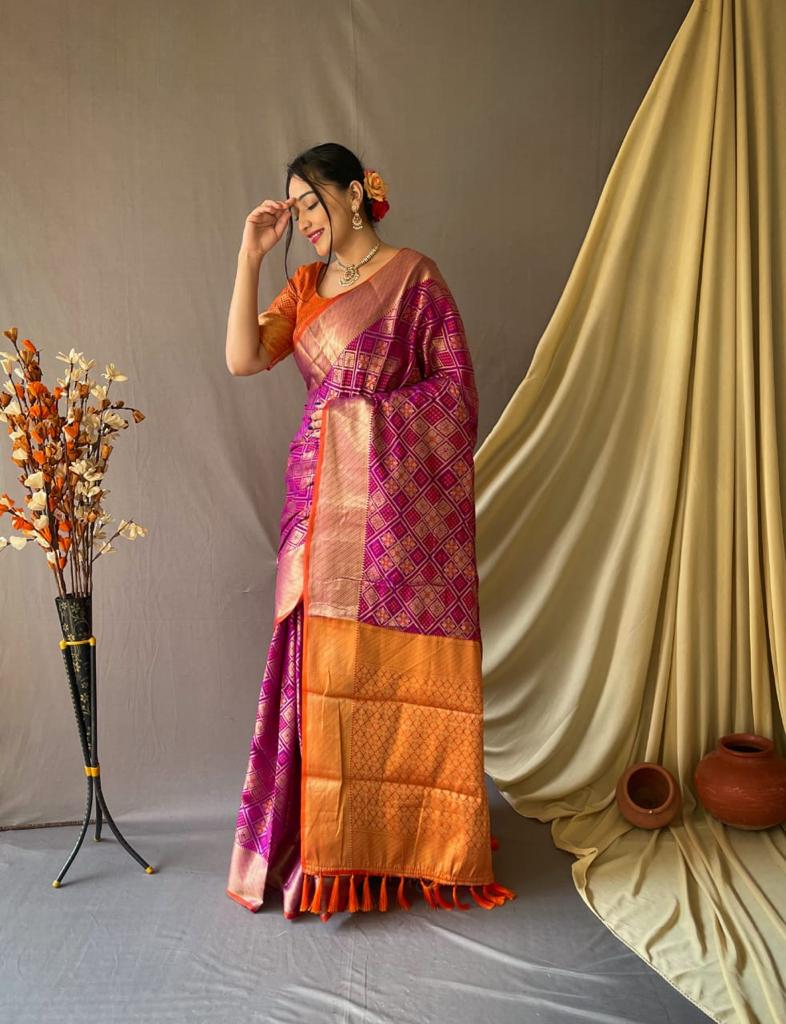 Purple Patan Patola With Gold Zari Border And Rich Pallu Saree