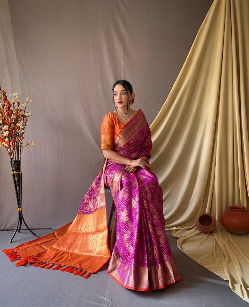 Purple Patan Patola With Gold Zari Border And Rich Pallu Saree