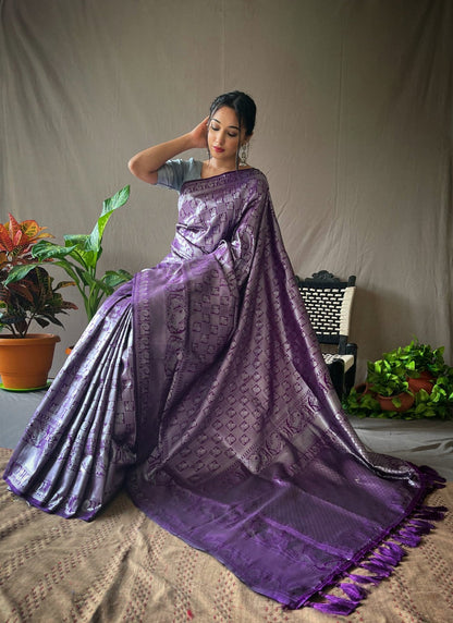 Purple Silver Zari Woven Pure Kanjeevaram Silk Handloom Saree