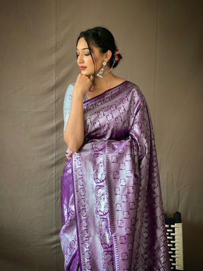 Purple Silver Zari Woven Pure Kanjeevaram Silk Handloom Saree