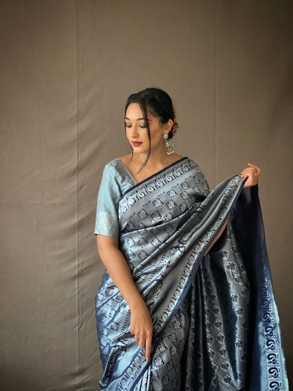 Navy Blue Silver Zari Woven Pure Kanjeevaram Silk Handloom Saree