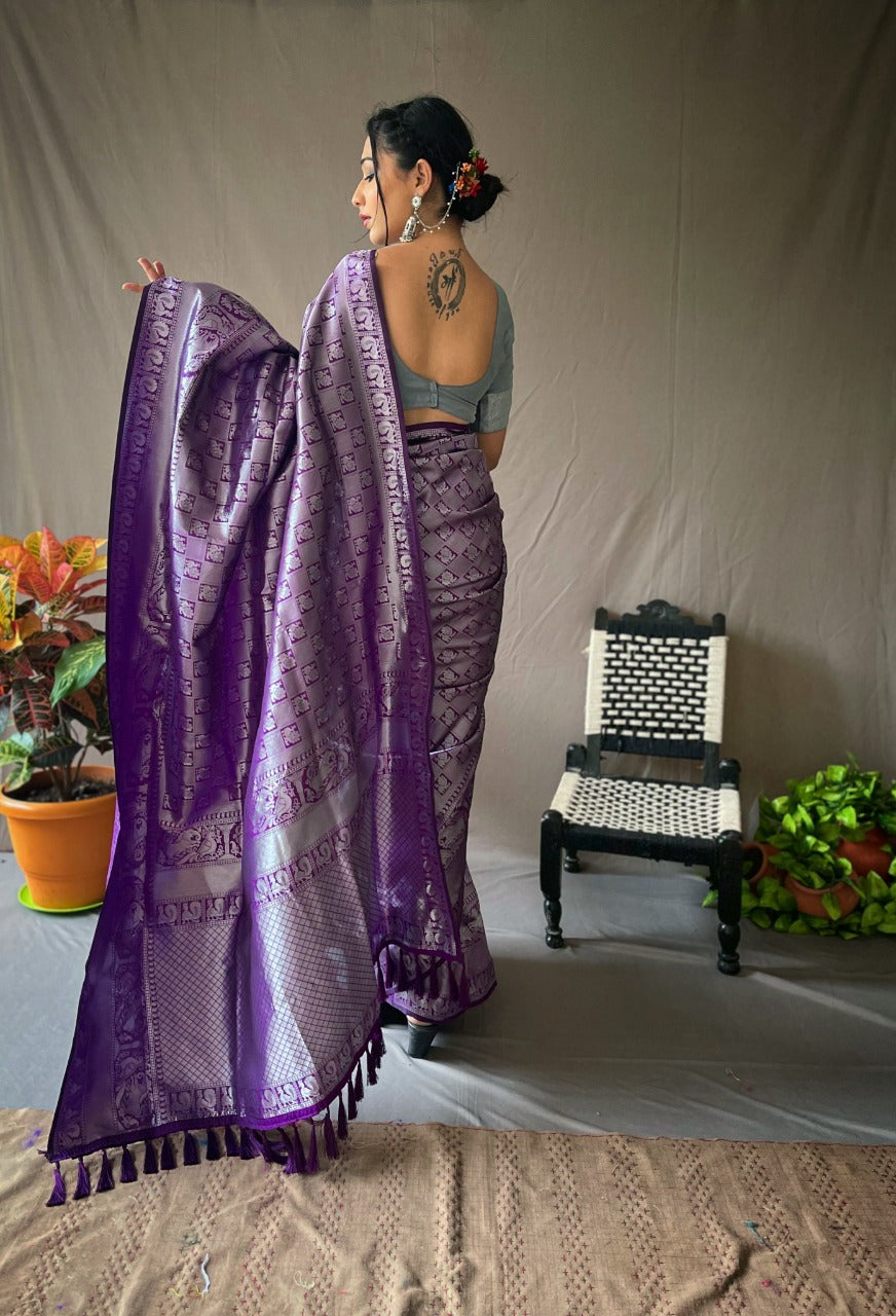 Purple Silver Zari Woven Pure Kanjeevaram Silk Handloom Saree