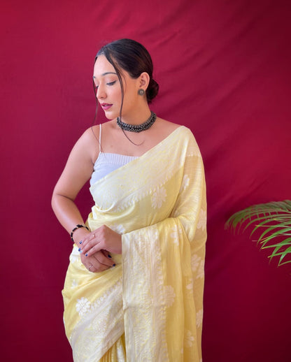 Yellow Linen Lucknowi Based Weaving On Border And Pallu Saree