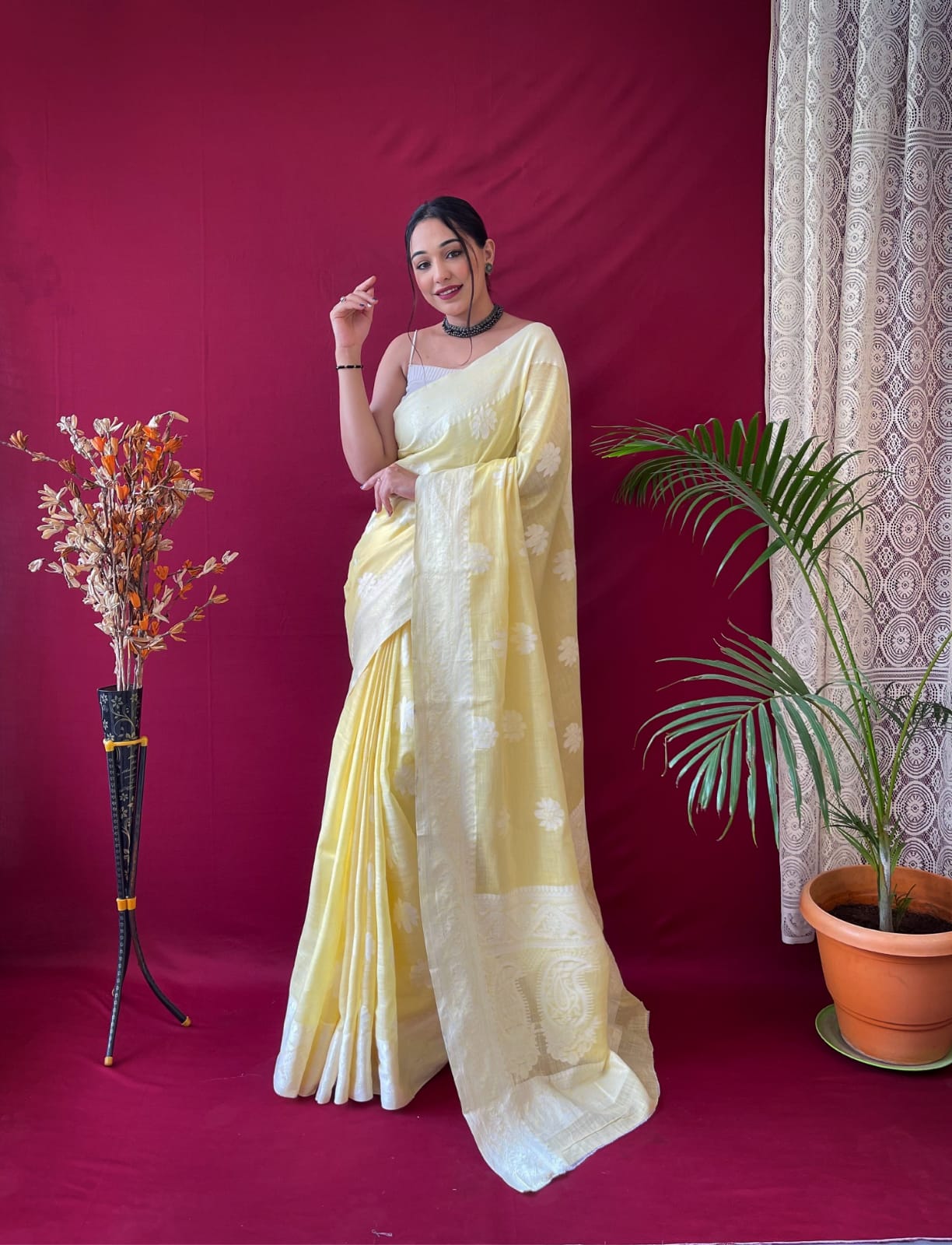 Yellow Linen Lucknowi Based Weaving On Border And Pallu Saree