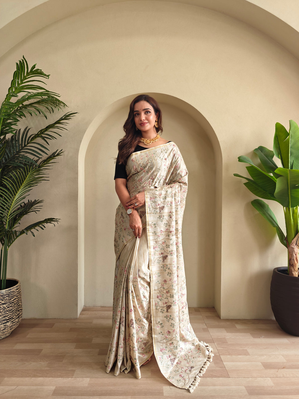 Cream Beige Handloom Pure Tussar Silk Saree With Delicate Floral Jaal Work & Tassels