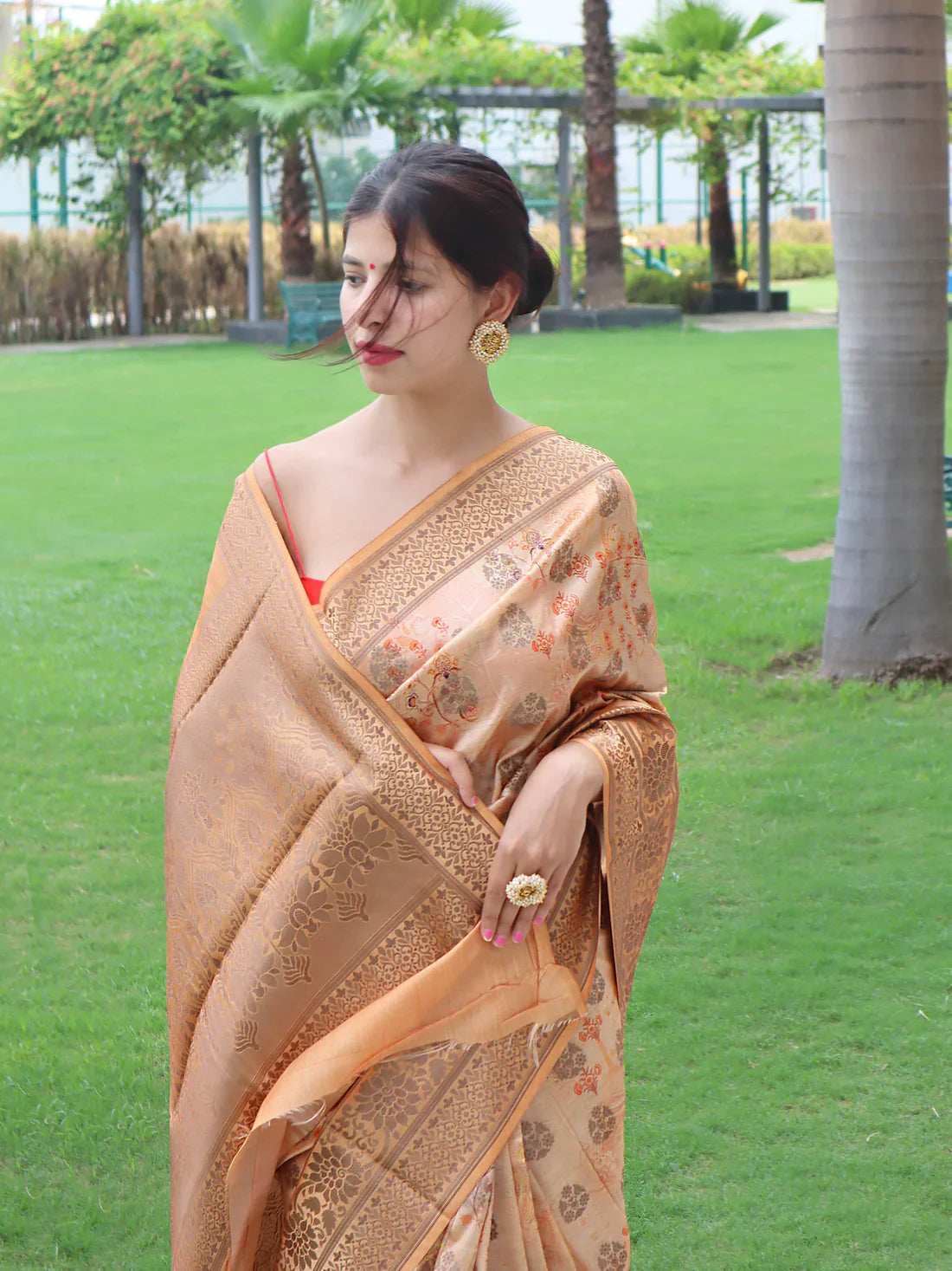 Banarasi Silk Woven Saree with Floral Prints Peach