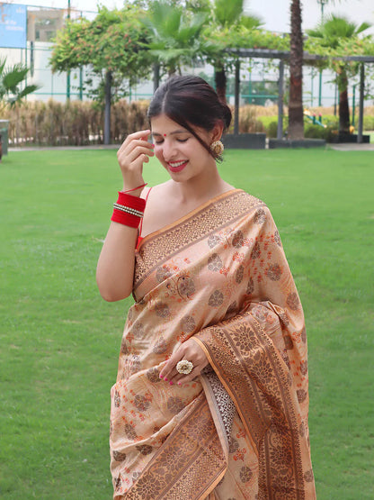 Banarasi Silk Woven Saree with Floral Prints Peach