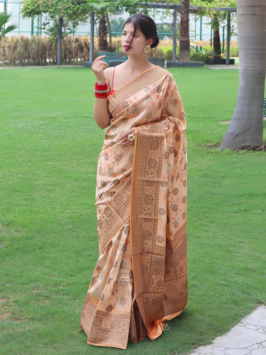 Banarasi Silk Woven Saree with Floral Prints Peach