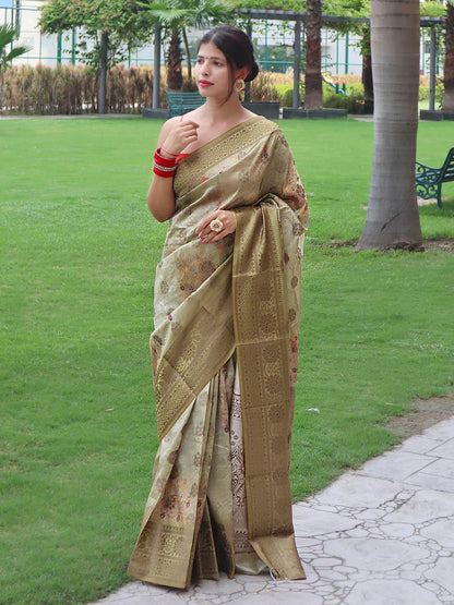 Banarasi Silk Woven Saree with Floral Prints Dark Green