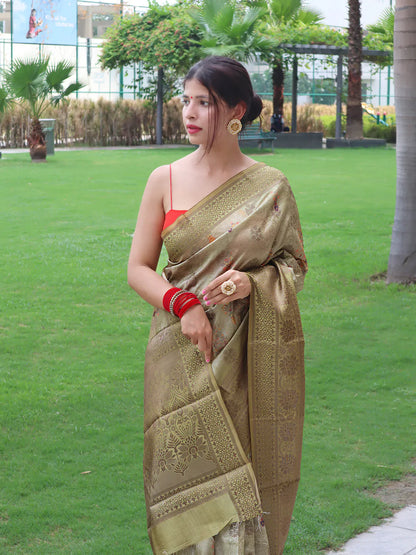 Banarasi Silk Woven Saree with Floral Prints Dark Green