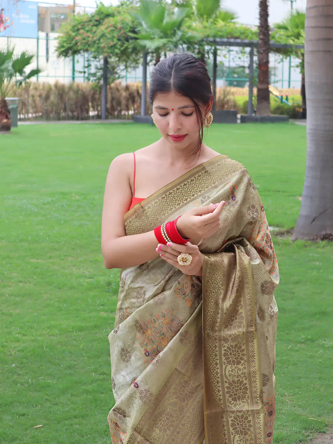 Banarasi Silk Woven Saree with Floral Prints Dark Green