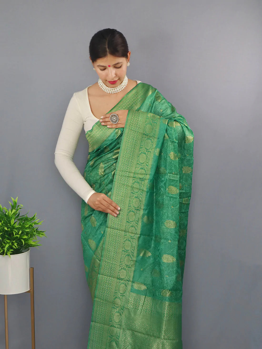 Banarasi Silk Dual Tone Woven Saree with Self Prints Green Cyan