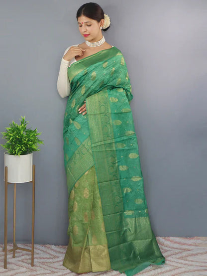 Banarasi Silk Dual Tone Woven Saree with Self Prints Green Cyan