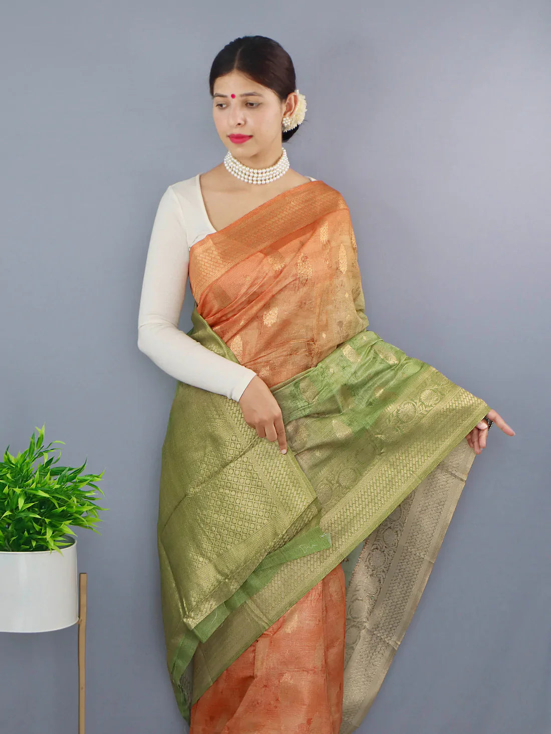 Banarasi Silk Dual Tone Woven Saree with Self Prints Orange Green