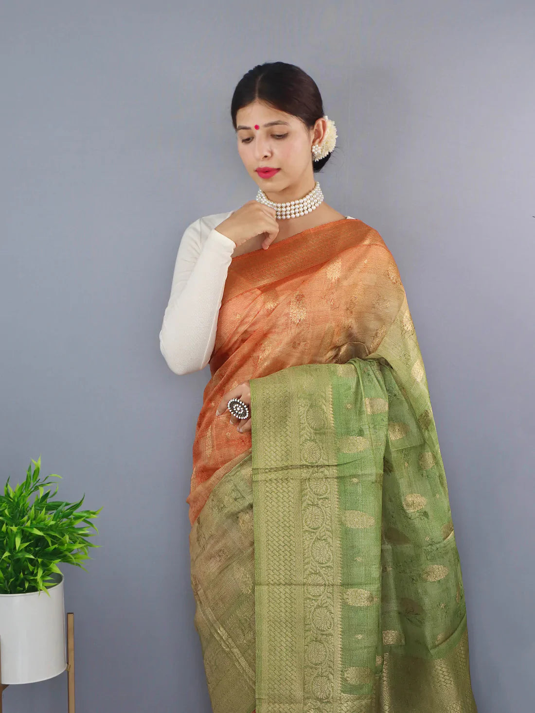 Banarasi Silk Dual Tone Woven Saree with Self Prints Orange Green