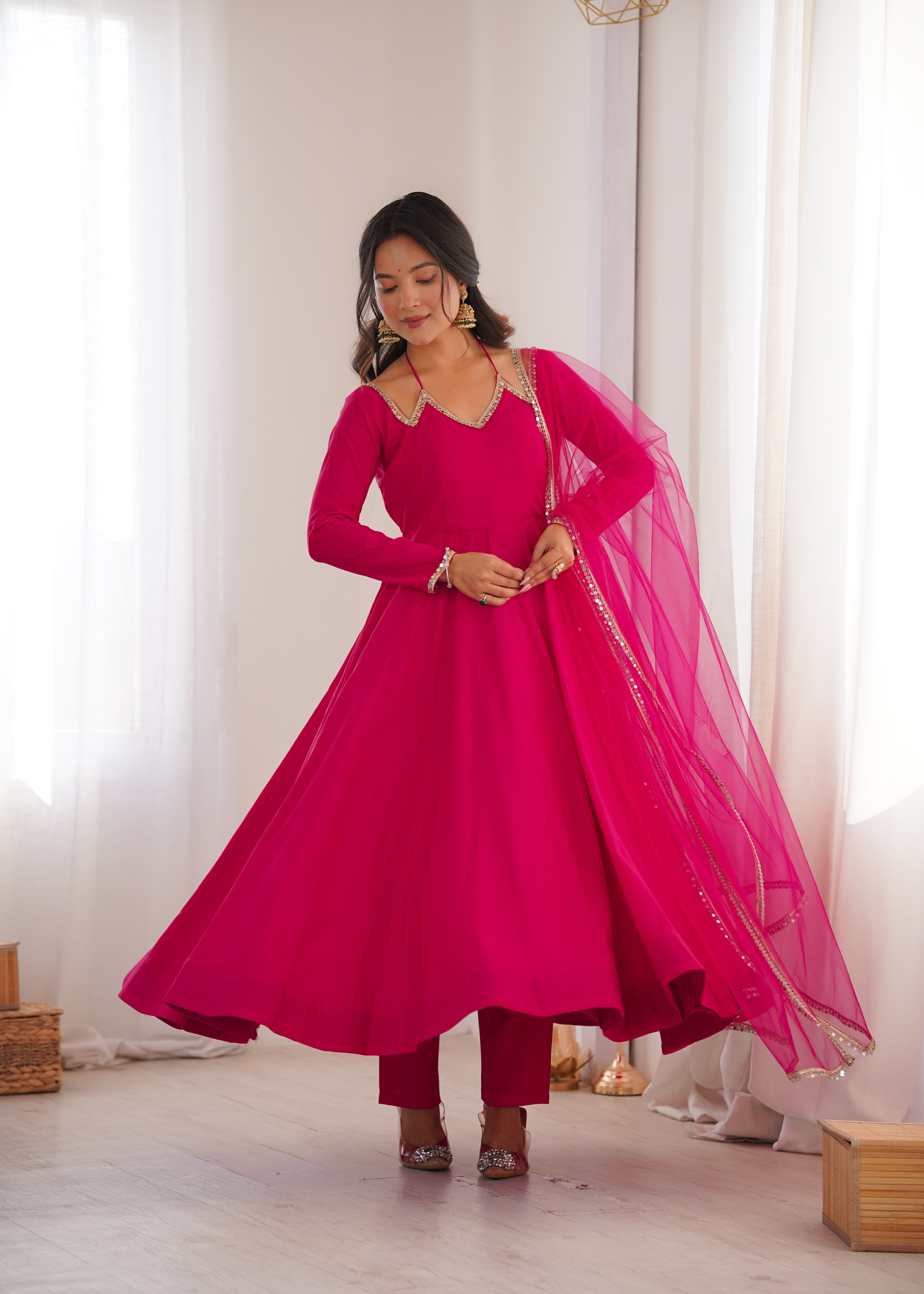Pink Pure Chanderi Fabric Fully Flare Anarkali Ready To Wear Salwar Suit
