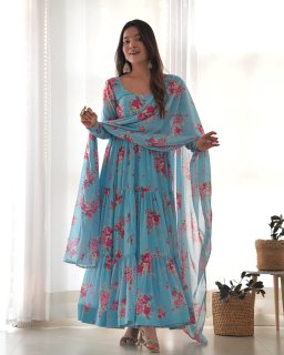 SKY BLUE HEAVY PURE FOX GEORGETTE LAHERIYA PRINT SALWAR SUIT