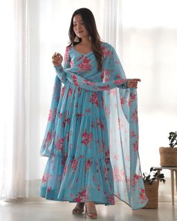 SKY BLUE HEAVY PURE FOX GEORGETTE LAHERIYA PRINT SALWAR SUIT