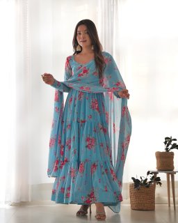 SKY BLUE HEAVY PURE FOX GEORGETTE LAHERIYA PRINT SALWAR SUIT