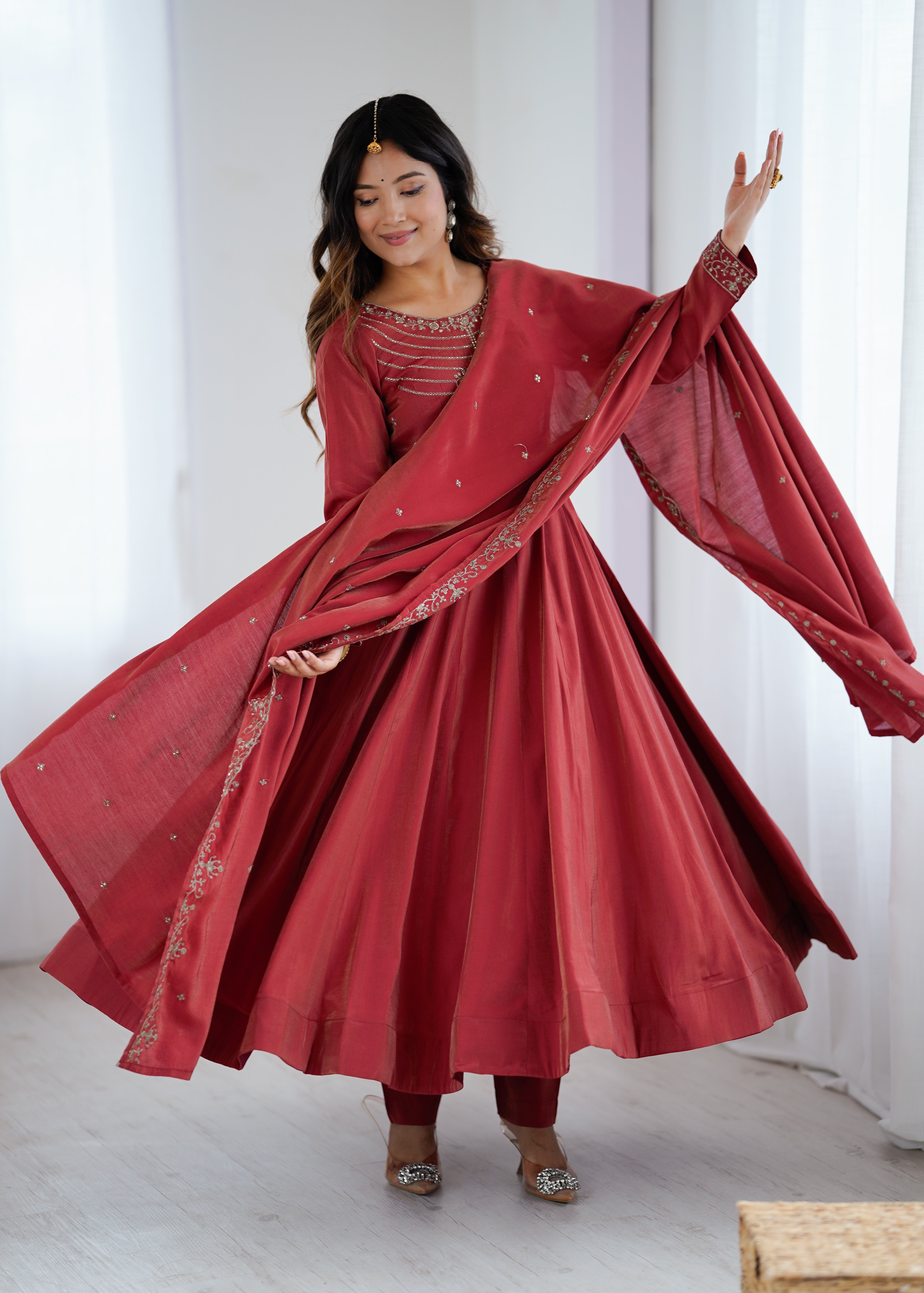 Maroon Pure Chanderi Silk Fully Flair Anarkali Salwar Suit – Designer Festive Anarkali Dress